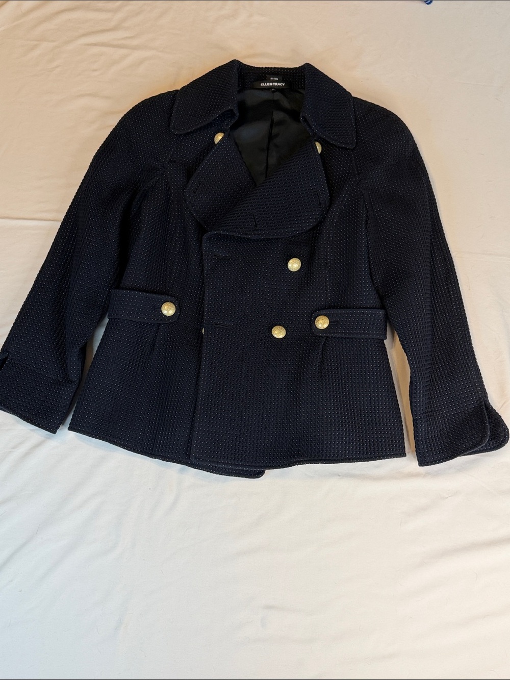 Ellen Tracy Navy Textured Double-Breasted Peacoat with Gold Buttons